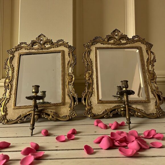 2 Brass Rococo Baroque Style Beveled Mirror & Candle Wall Sconce N.B & I.W. 2000 - Picture 1 of 6